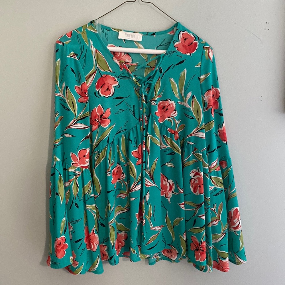 Peach Love California green floral blouse